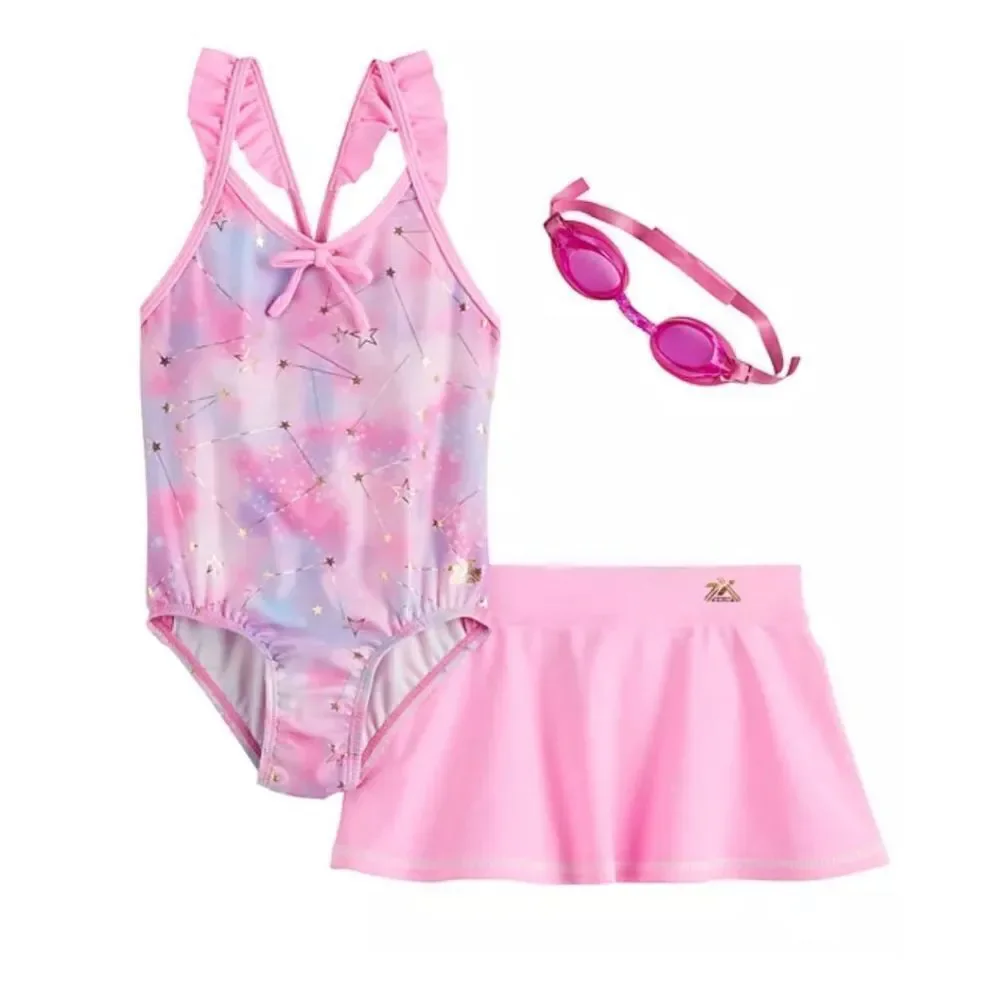 ZEROEXPOSUR Girls Size 4 Shooting Star 1-Piece, Cover-Up Skirt & Goggles Swimsui